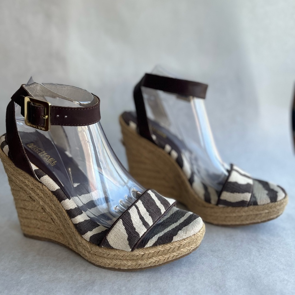Michael Kors White and Brown Zebra Print Wedge Sandals